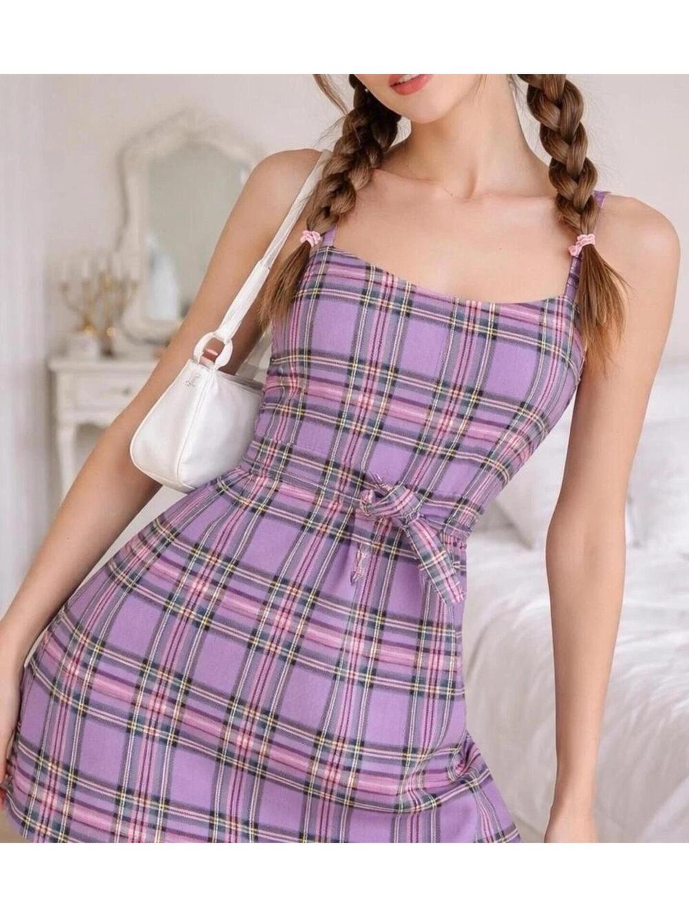 John Galt Womens Small Mini Dress Brandy Melville Y2K Preppy Whimsy Purple Plaid